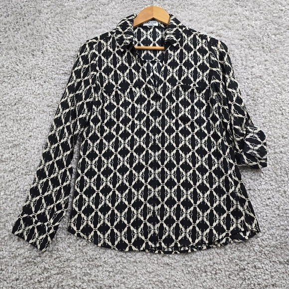 Express Portofino Women Dog Print Blouse Size Medium Roll Sleeve Slim Fit Office - Picture 1 of 10